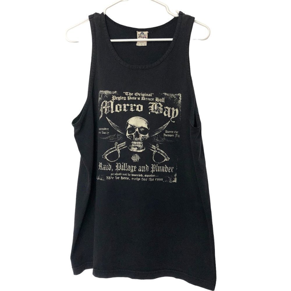 Vintage Peg Leg Pete Tank Skull Cross Swords Raid Pillage Plunder Size L Black - Picture 2 of 4
